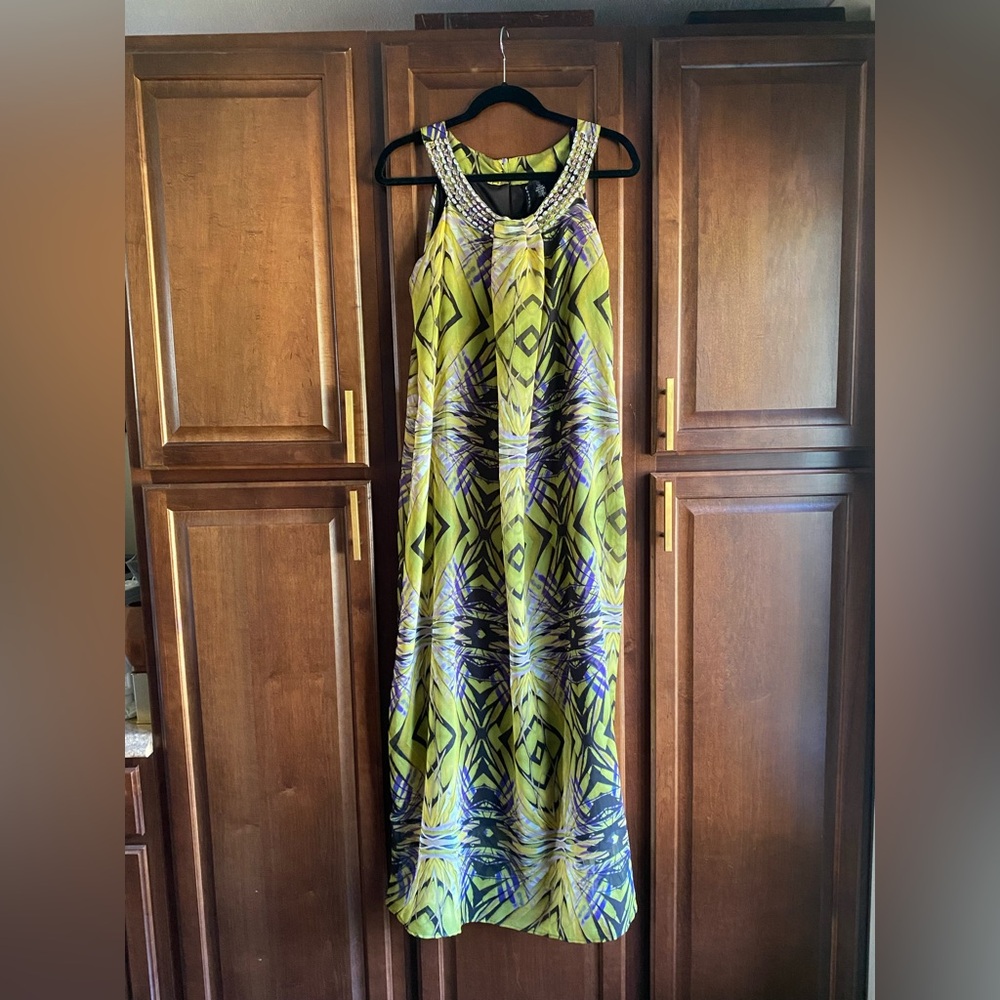 Vibrant Stunning Geometric Maxi Dress Size 1X Beaded Neckline